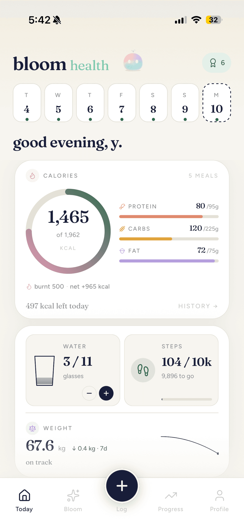 bloom health home — today's calories, macros and readiness