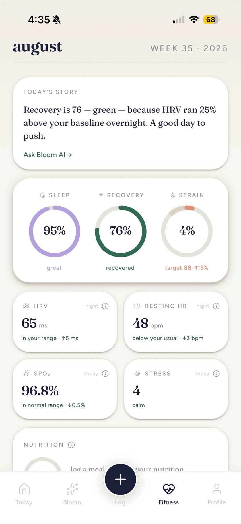 bloom health fitness — sleep, recovery and strain scores with HRV, resting heart rate and stress